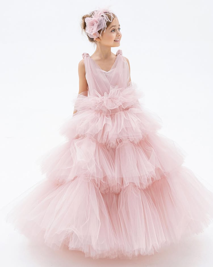 Robe de Cérémonie Fille « Sinda » en Tulle Rose Volanté – Mariage Baptême