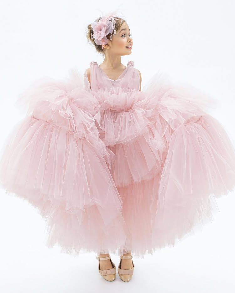 Robe de Cérémonie Fille « Sinda » en Tulle Rose Volanté – Mariage Baptême