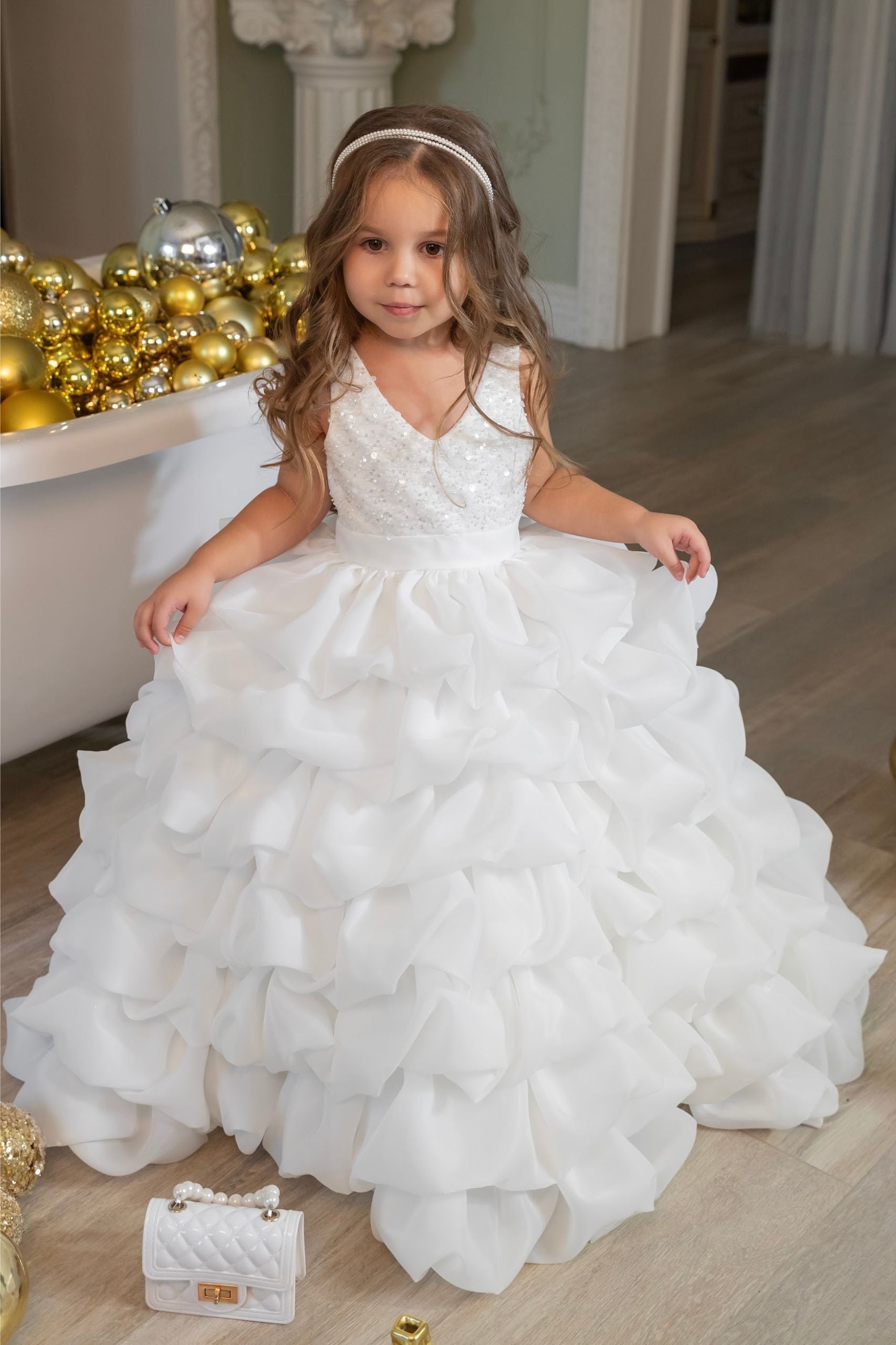Robe cérémonie fille longue blanche à volants – Robe princesse mariage enfant (sur commande)