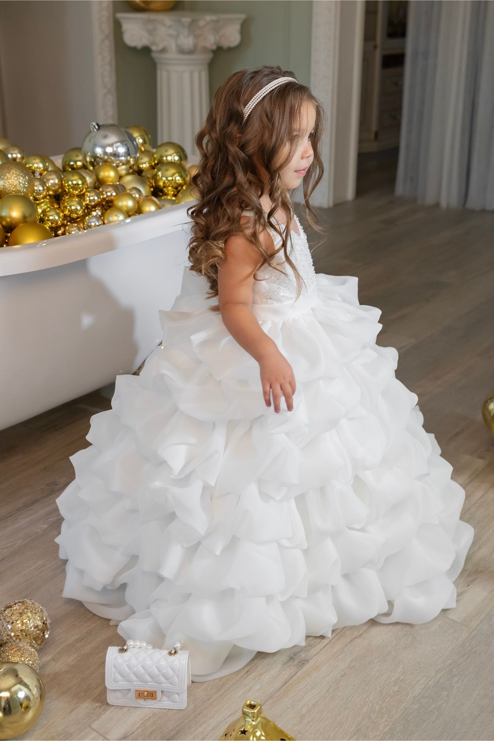 Robe cérémonie fille longue blanche à volants – Robe princesse mariage enfant (sur commande)