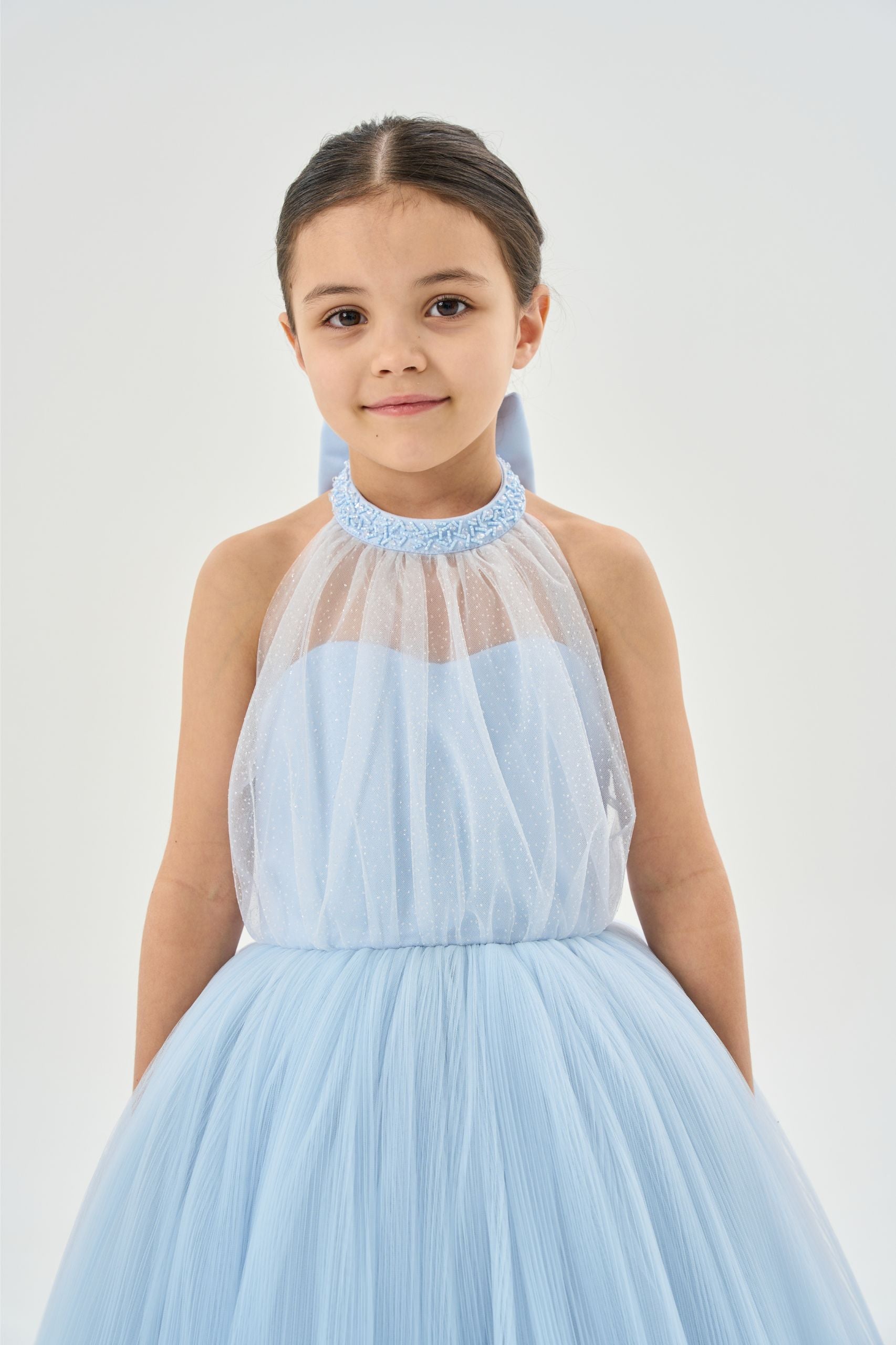 Linae – Robe Cérémonie Fille Bleu Ciel en Tulle Fluide | Mariage Baptême