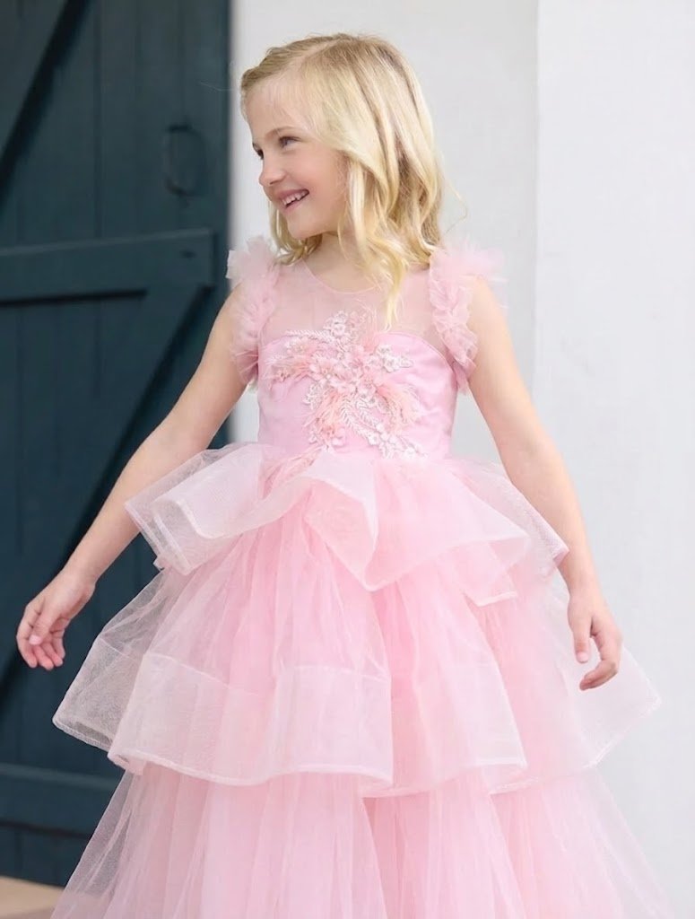 Robe Floral Pastel Rose en Tulle – Robe Cérémonie Fille Printemps