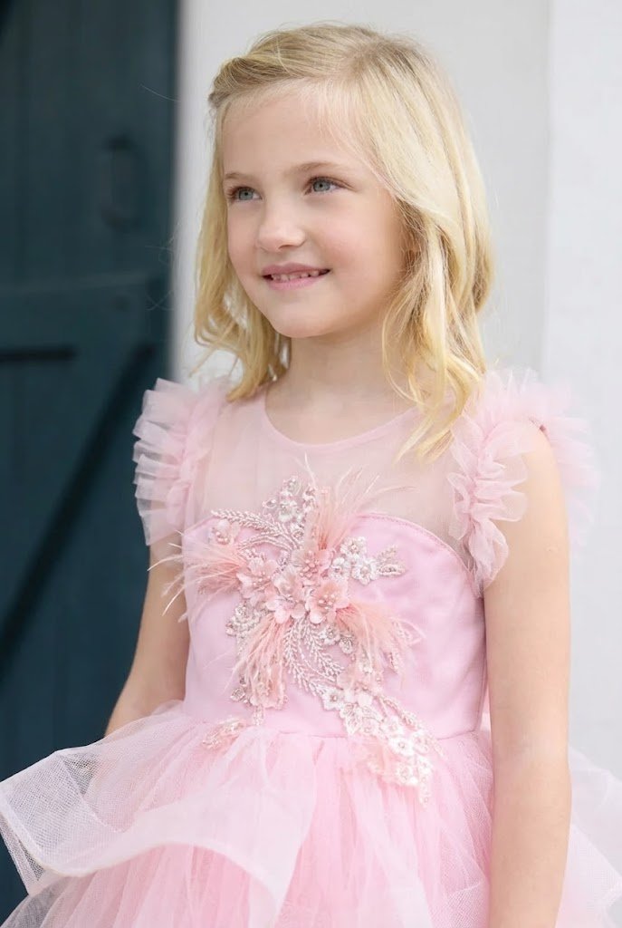 Robe Floral Pastel Rose en Tulle – Robe Cérémonie Fille Printemps