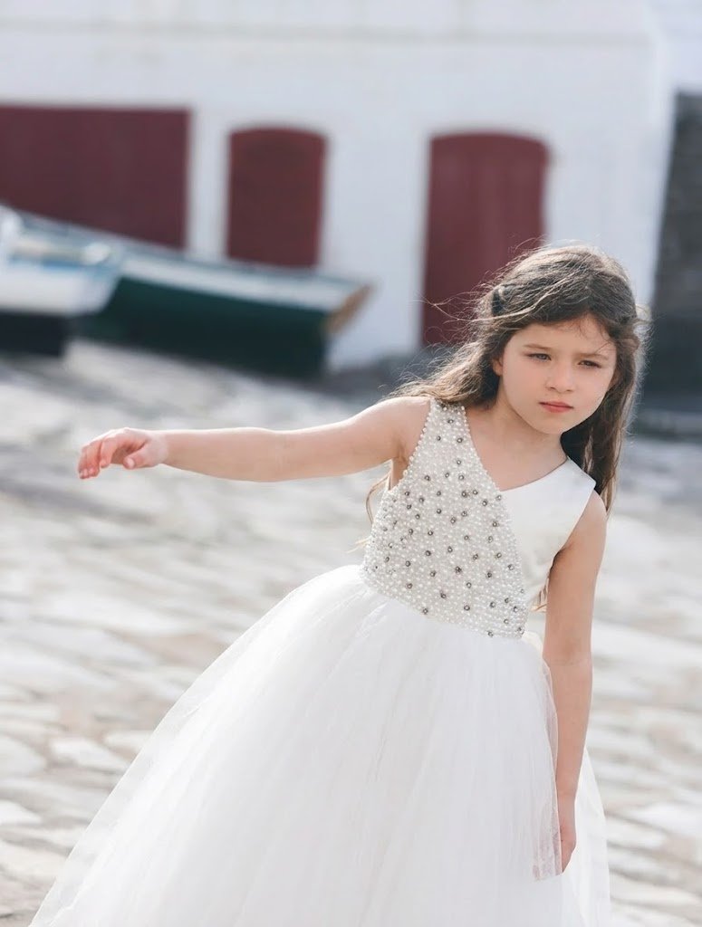 Robe Tulle Blanc Perles – Robe Cérémonie Fille Mariage Baptême