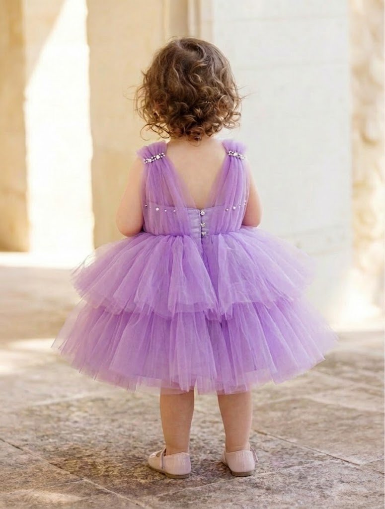 Robe Perles Lavande en Tulle – Robe Cérémonie Fille Mariage