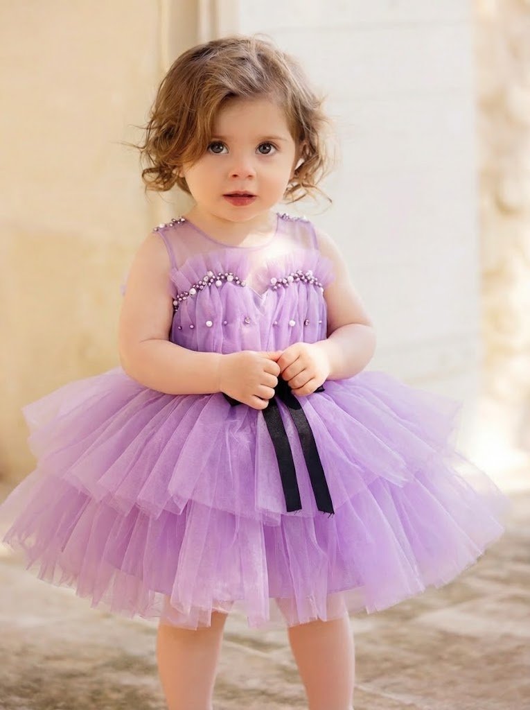 Robe Perles Lavande en Tulle – Robe Cérémonie Fille Mariage