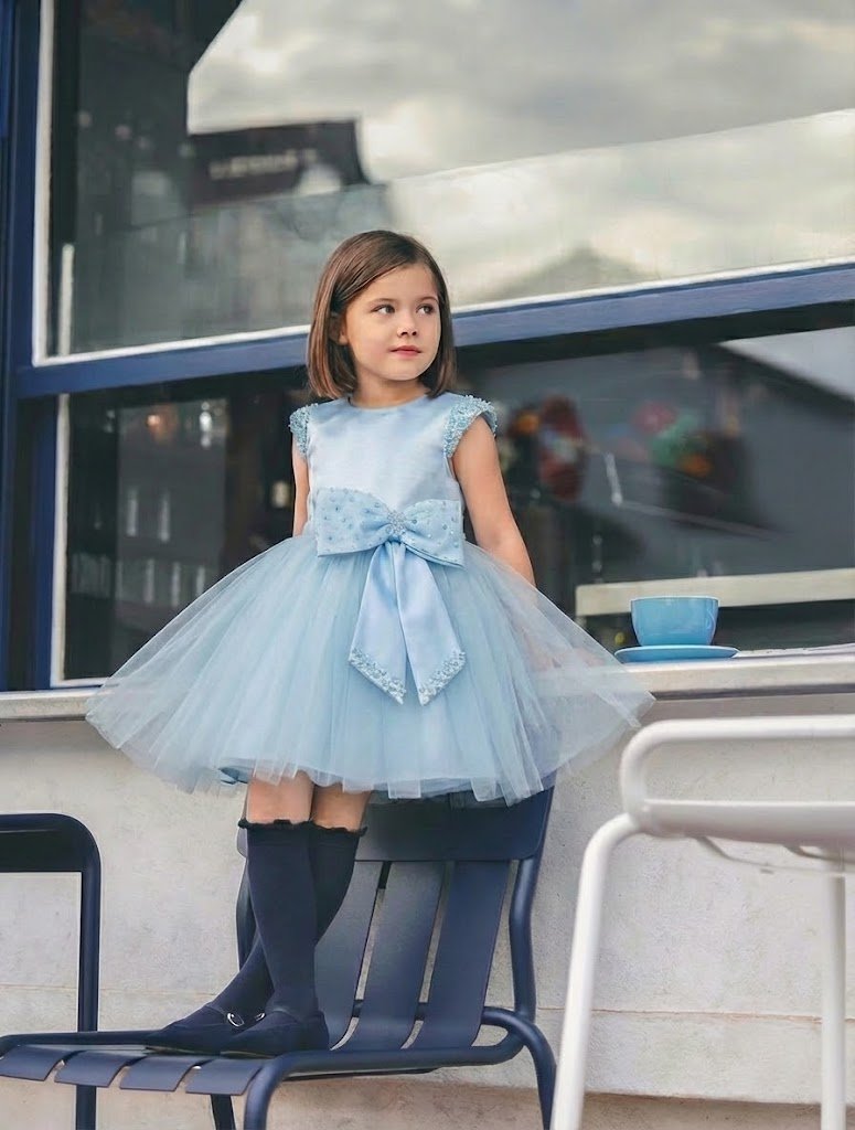 Robe Tutu Fille Bleu Perlé – Robe Princesse Enfant Tulle & Perles
