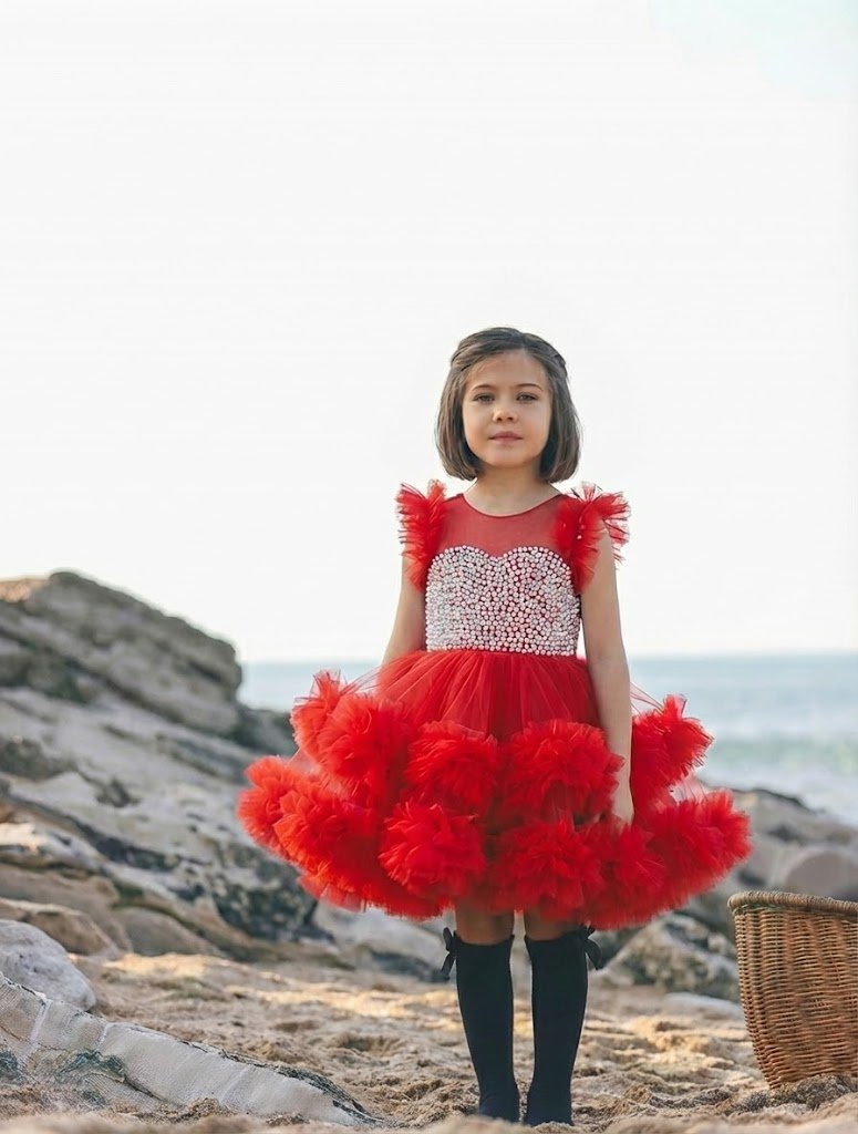 Robe Perles Rouge en Tulle – Robe Cérémonie Fille Élégante