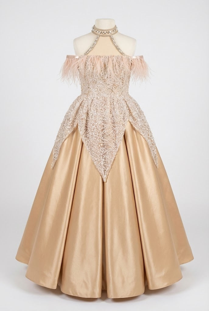 Robe d’honneur longue – Éclat Champagne & Plumes
