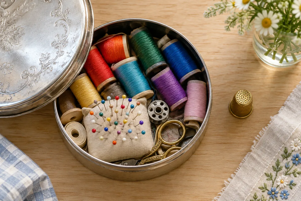 Bobines de fil de couleurs et épingles à tête ronde rangées dans une boîte en métal