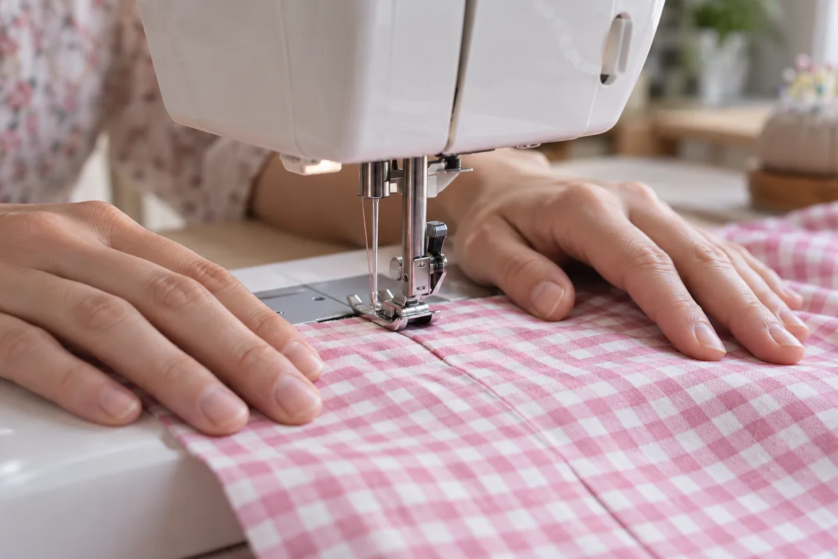 Aiguille de machine à coudre piquant une couture sur un tissu vichy rose