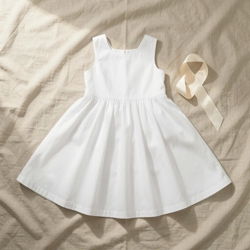 Robe de baptême blanche en coton fin étalée à plat sur un drap de lin clair