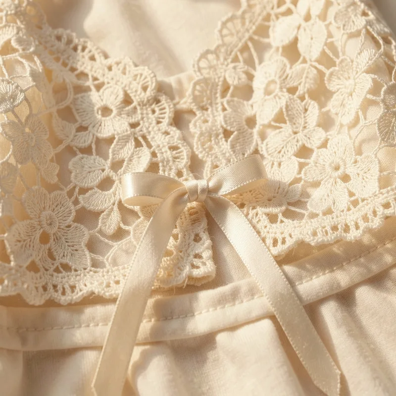 Détail d&rsquo;un empiècement de dentelle fine et d&rsquo;un ruban de satin sur un corsage ivoire