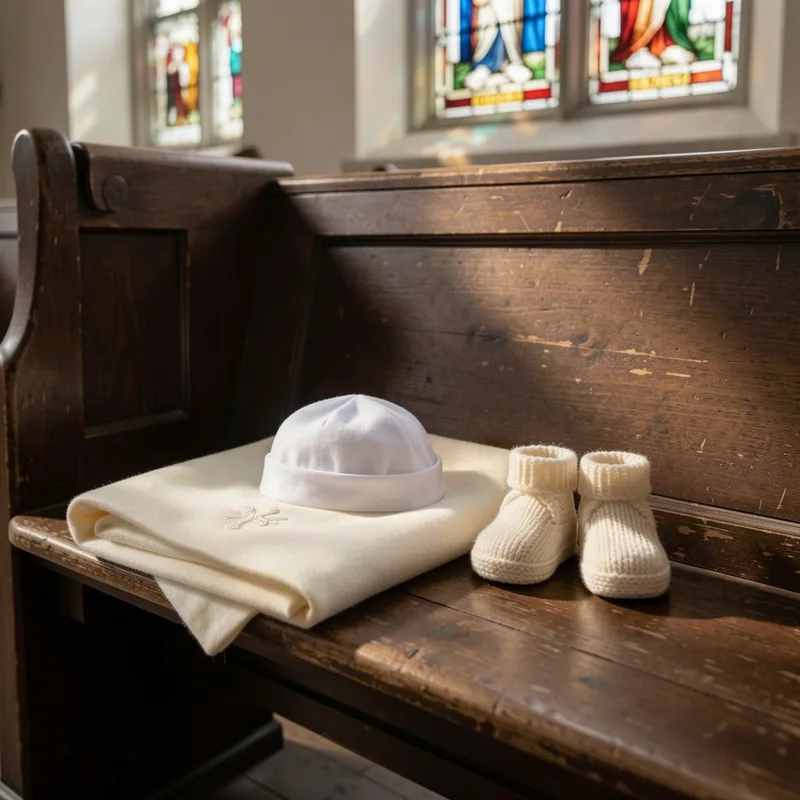 Châle de baptême, bonnet en coton et chaussons crème posés sur un banc d&rsquo;église en bois