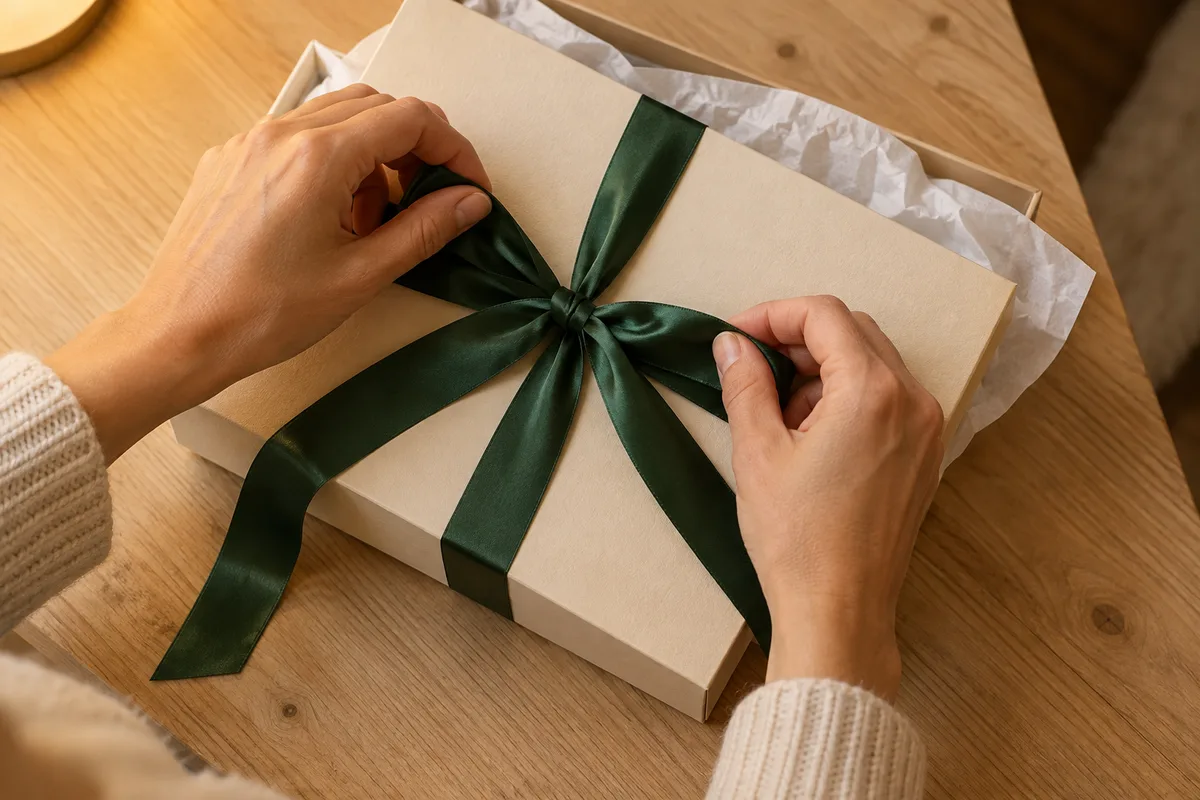 Mains adultes nouant un ruban de satin vert sur une boîte cadeau plate et unie