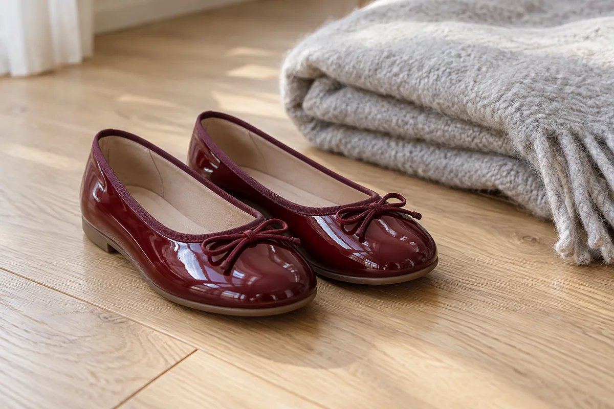 Ballerines vernies bordeaux posées sur un parquet clair à côté du plaid en laine