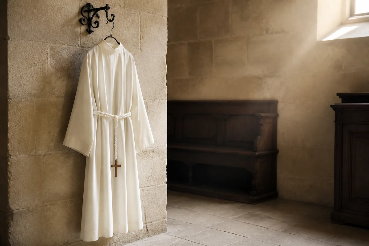 Aube blanche de communion suspendue à un cintre en bois devant une fenêtre lumineuse