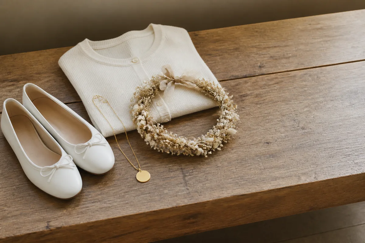 Ballerines blanches, chaîne à médaille et couronne de fleurs séchées posées sur un banc de bois