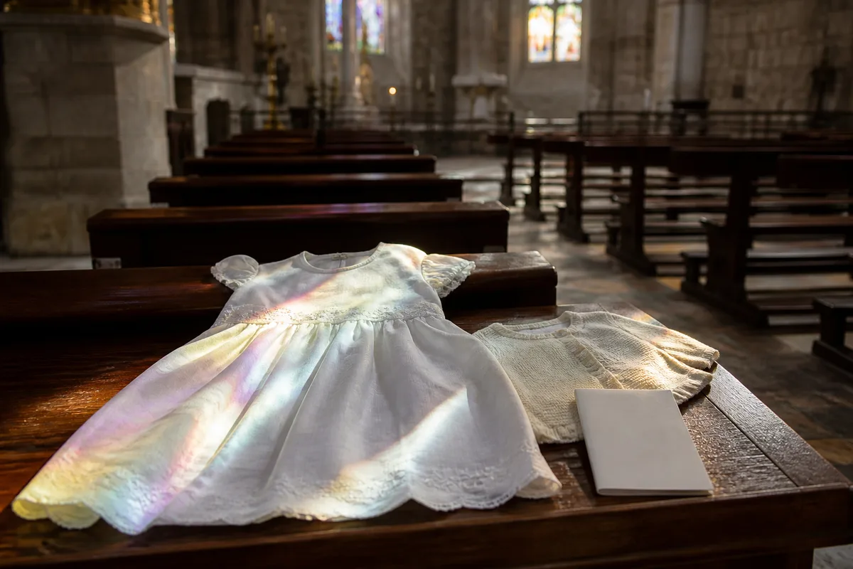 Robe blanche d’enfant posée sur un banc en bois d’église baigné de lumière