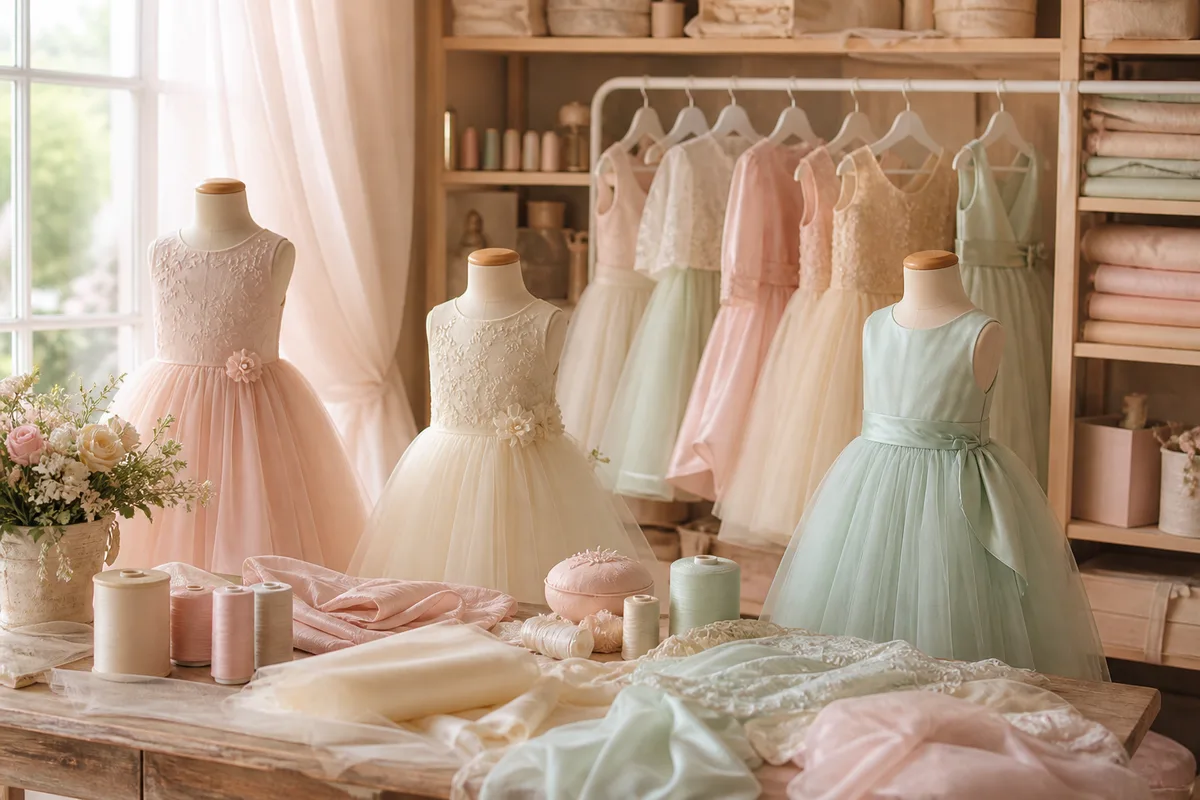 Robe de cérémonie pour enfant suspendue devant une fenêtre, jupon en tulle et ceinture nouée