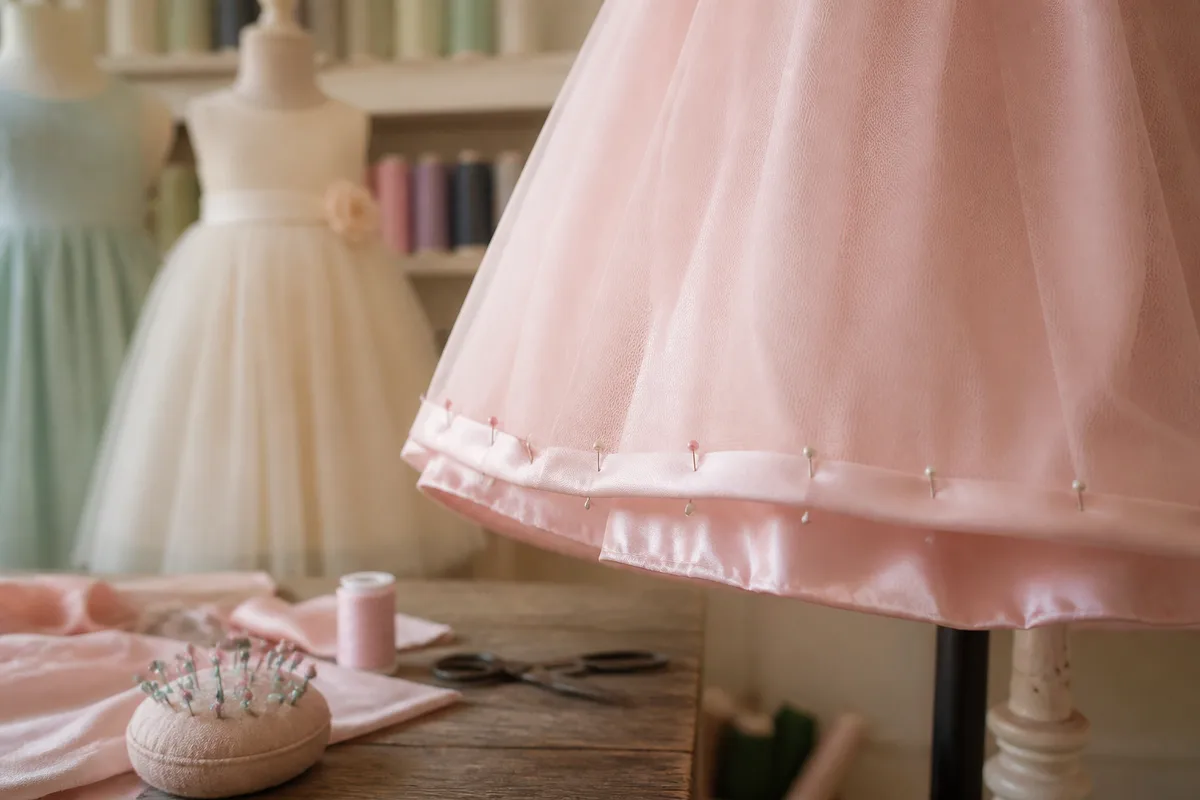 Ourlet d’une robe d’enfant épinglé avant retouche