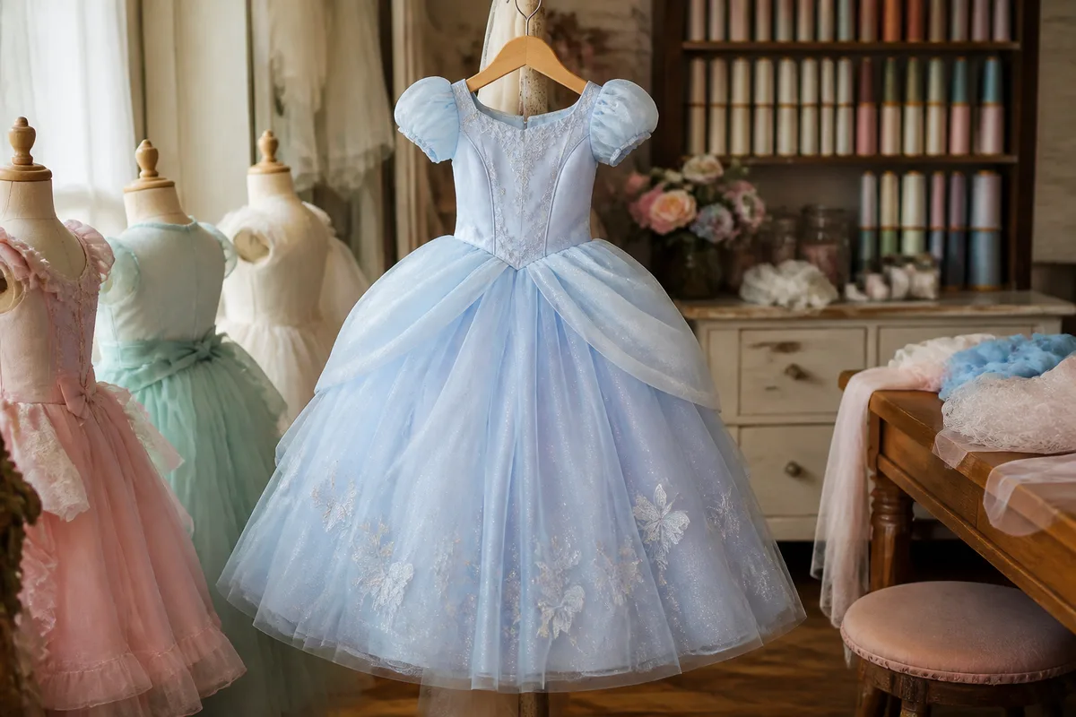 Robe Cendrillon bleu glacé pour enfant présentée sur un cintre en bois
