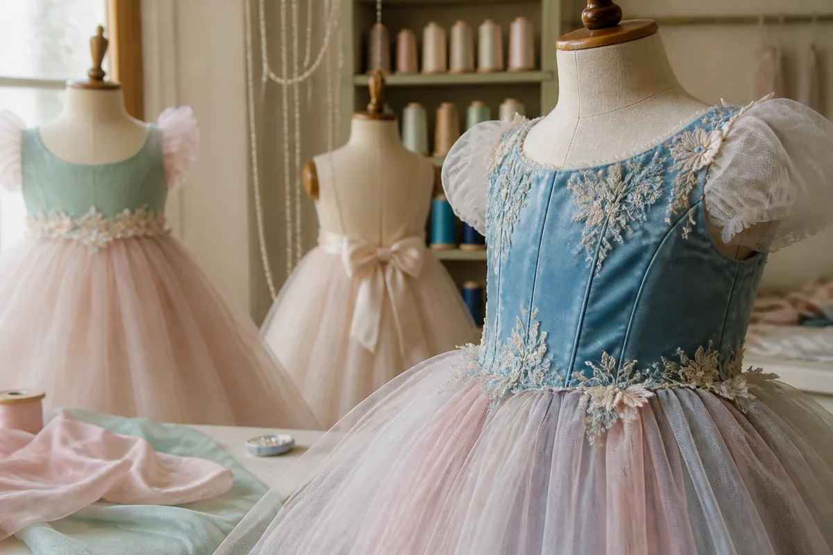 Détail d&rsquo;un corsage bleu et d&rsquo;un jupon en tulle souple