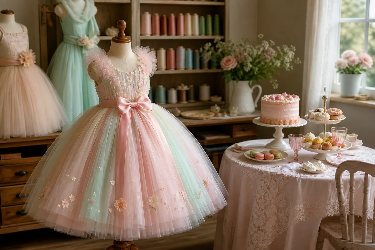 Robe d’anniversaire pour fille en tulle coloré près d’une table de goûter