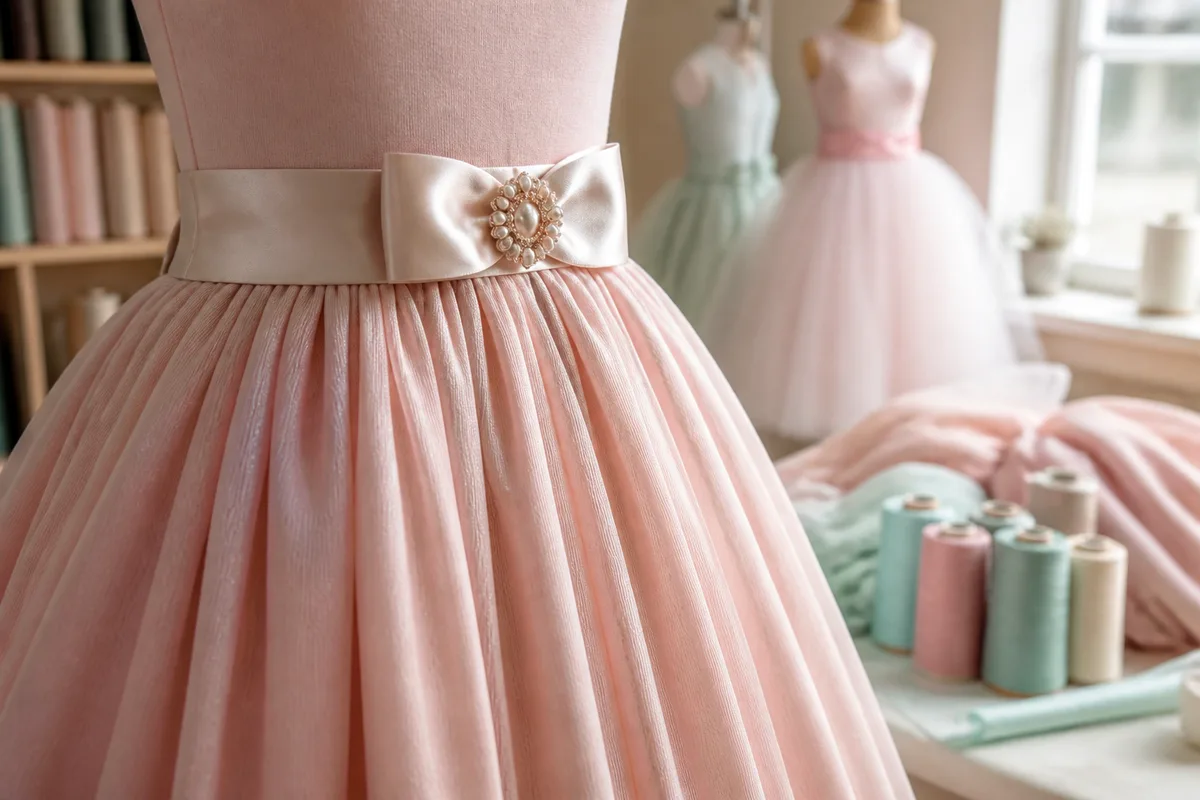 Détail d’une jupe en jersey et d’une ceinture large sur une robe de fête