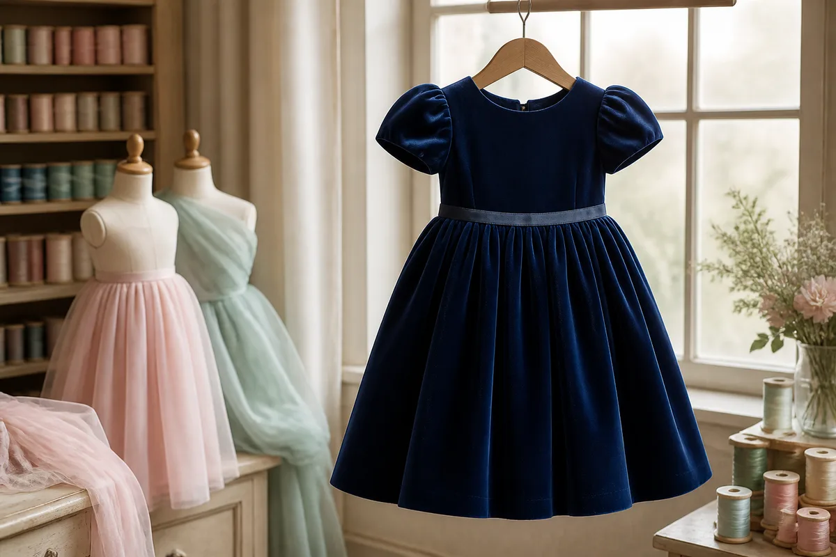 Robe de fête pour fille en velours bleu nuit suspendue devant une fenêtre