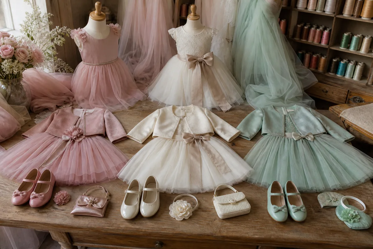 Trois tenues de fête pour enfant disposées à plat avec leurs accessoires