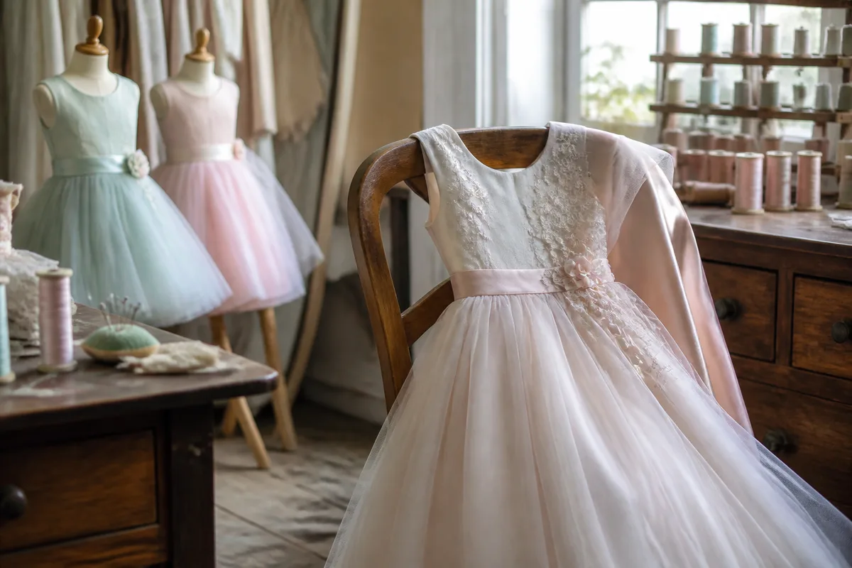 Robe de fillette pour un mariage en ton pastel posée sur un dossier de chaise
