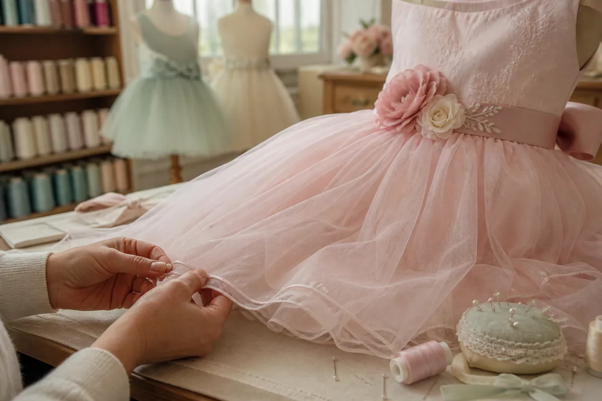 Ourlet et ceinture d&rsquo;une robe de cérémonie enfant en cours de retouche