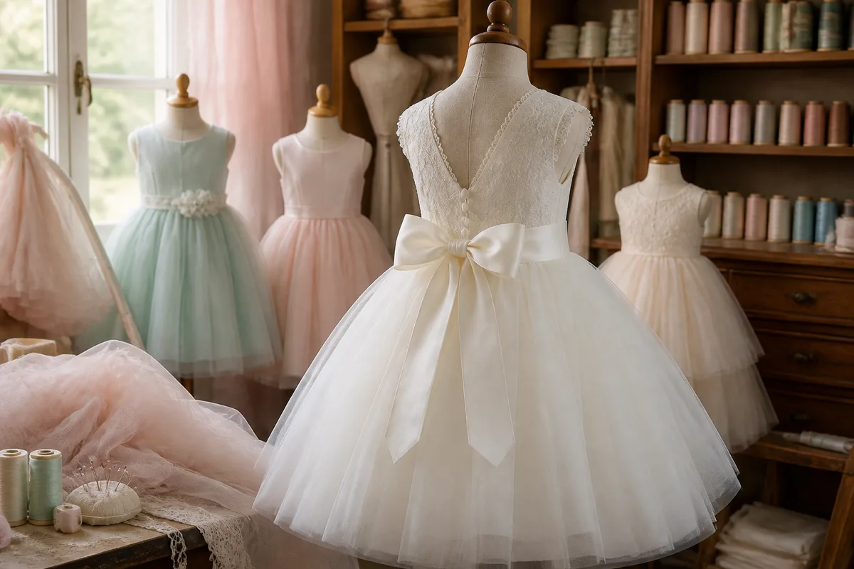 Robe de petite fille d&rsquo;honneur en tulle ivoire avec ceinture nouée dans le dos