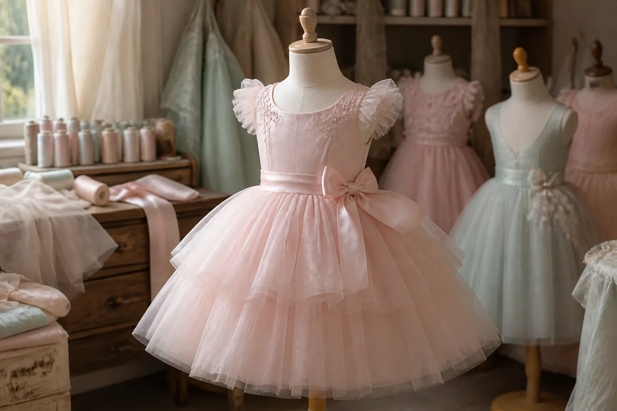 Robe de princesse pour fillette en tulle rose pâle sur un mannequin d&rsquo;atelier
