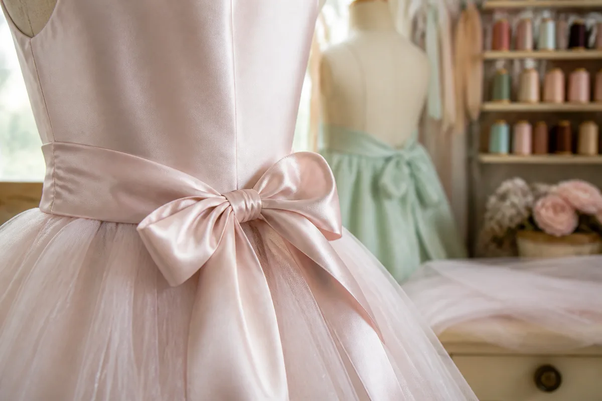 Détail d&rsquo;une ceinture en satin nouée sur un corsage de robe de princesse