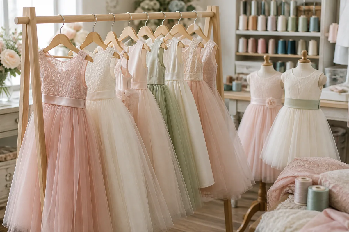 Plusieurs robes de cérémonie pour filles alignées sur un portant en bois clair
