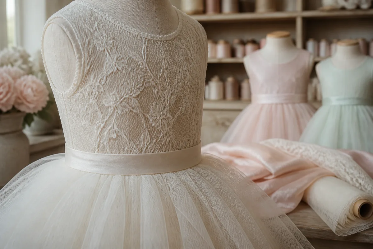 Détail d&rsquo;un corsage en dentelle et d&rsquo;un jupon de tulle ivoire